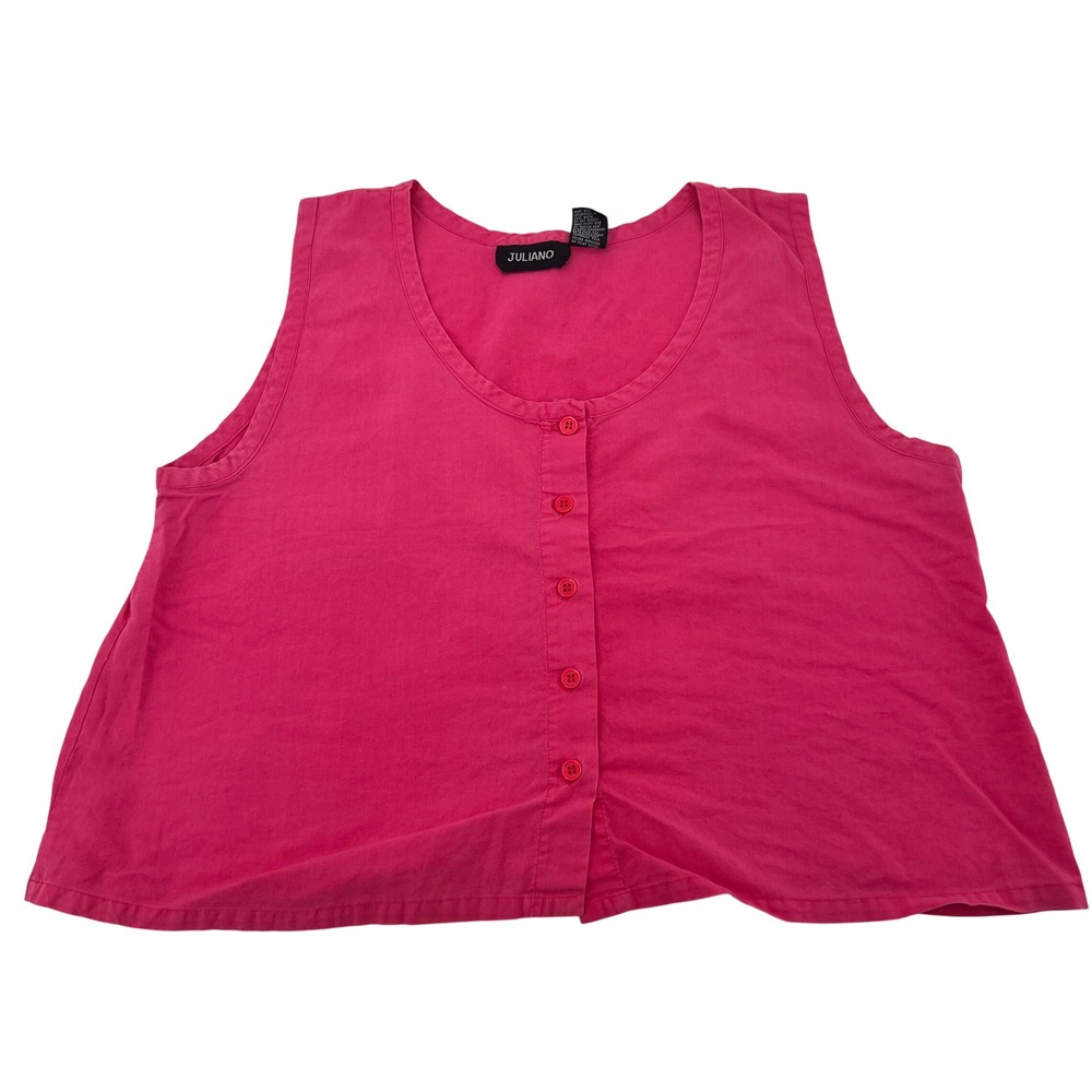 Vintage Juliano Hot Pink Cotton Button Front Tank Top Scoop Neck Sleeveless L